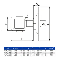 Záves M18 platňa 90x90mm, nastaviteľný 1D, čiastočný pozink Záves M18 platňa 90x90mm, nastaviteľný 1D, čiastočný pozink